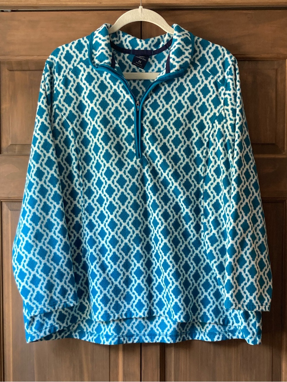 Lands’ End Casual Teal & White Print Fleece Quarter-zip 2X (20W-22W)
